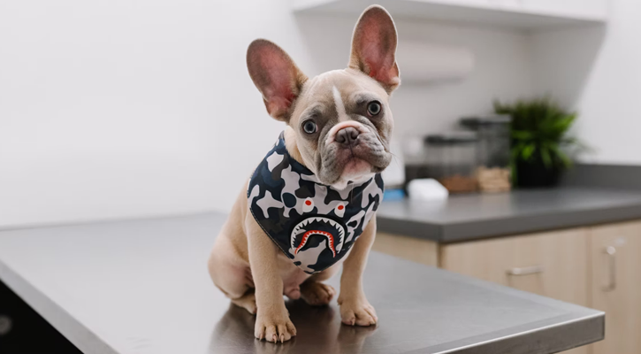 A tan French bulldog sitting on an exam table looking healthy and happy after being treated in our emergency pet clinic